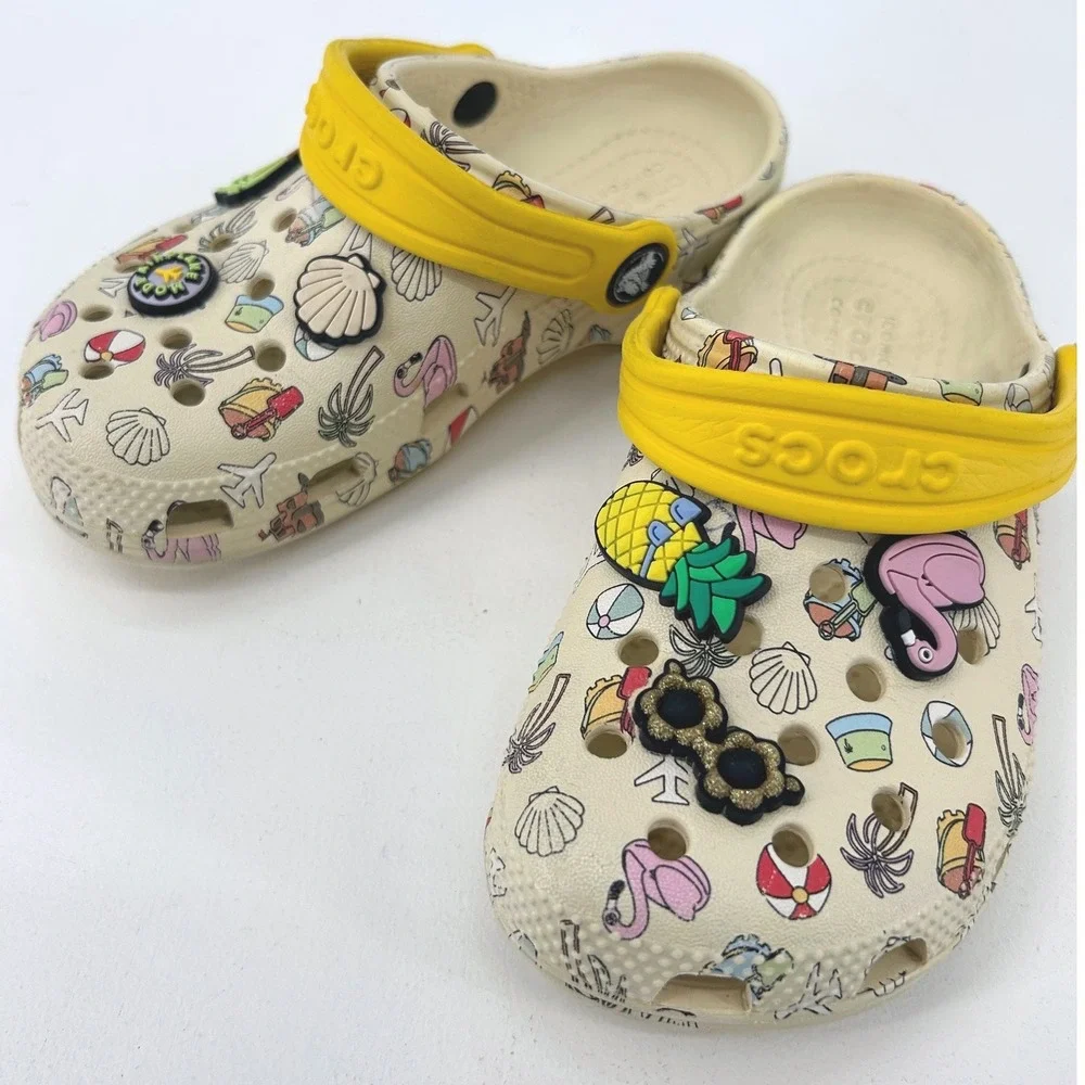 Crocs Kids Classic Clog Beach Vacation Print Yellow Strap Jibbitz Size C12